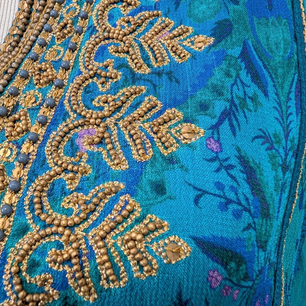 Soft Surroundings Womens Size S Bronte Blue Green Beaded Kaftan Tunic Top Flaw - Picture 8 of 11